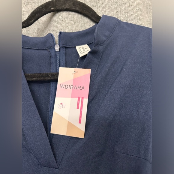 WDIRARA Women's Layered Ruffle Sleeve Notched V Neck Belted Jumpsuit NAVY BLUE - Picture 9 of 10